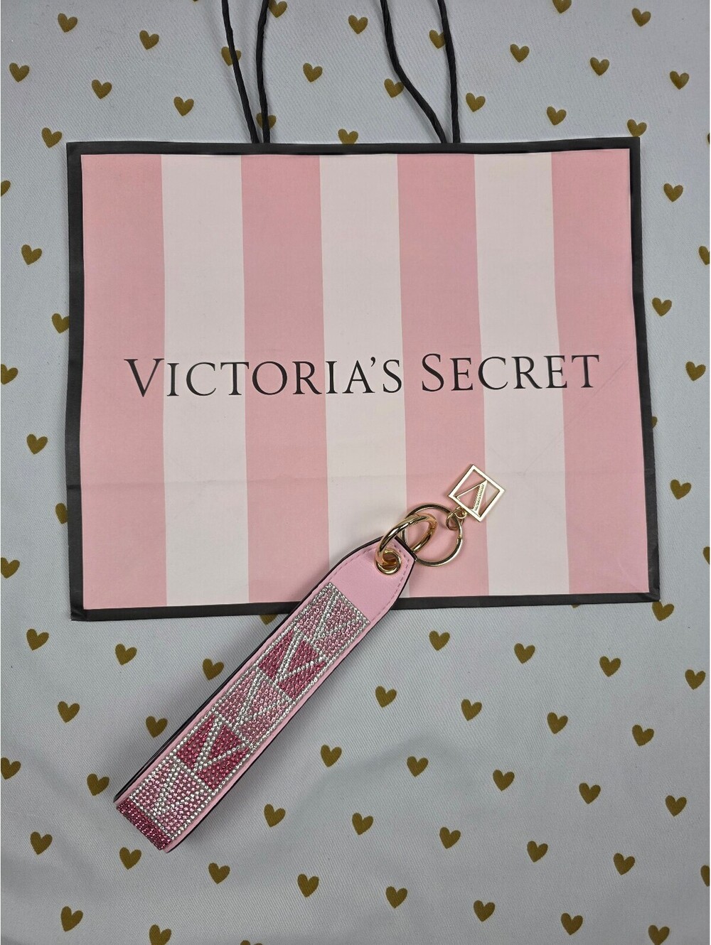 Victoria Secret BLING wristlet strap keychain Rhinestone Handle V Logo Studded